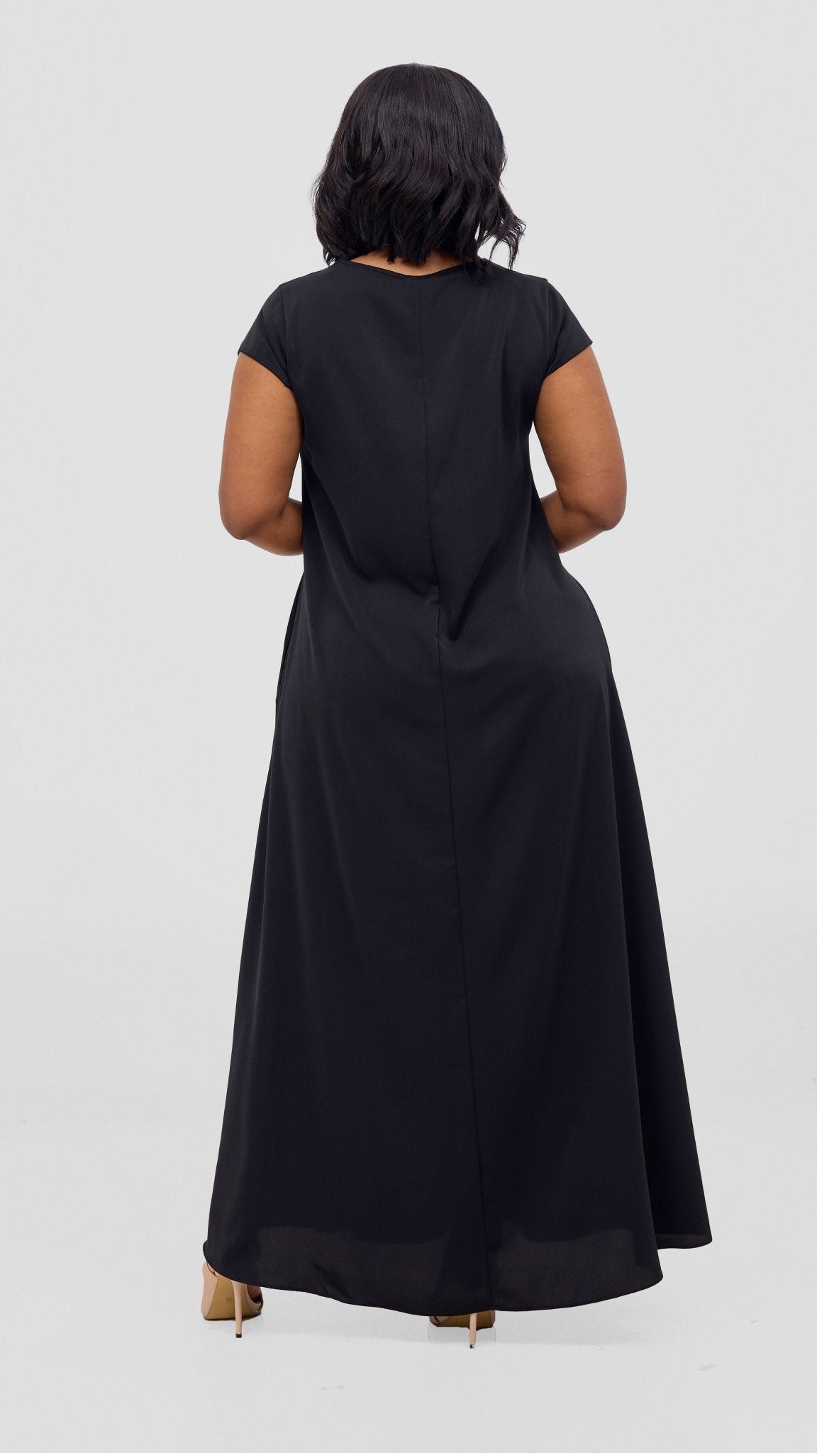 Vivo Zola V Neck Cap Sleeve Maxi Dress - Black - Shopzetu