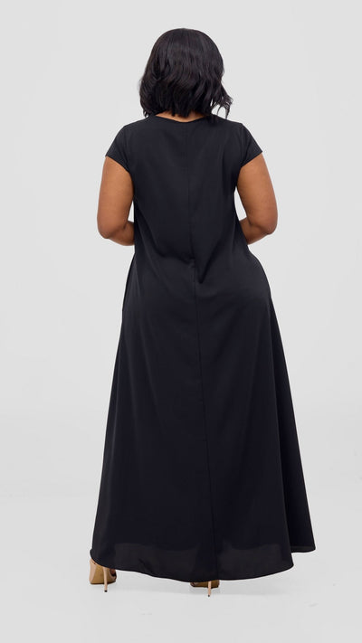 Vivo Zola V Neck Cap Sleeve Maxi Dress - Black - Shopzetu