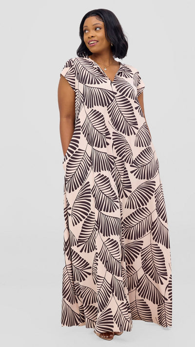 Vivo Zola V Neck Cap Sleeve Maxi Dress - Buttermilk / Chocolate Emin Print - Shopzetu