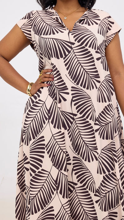 Vivo Zola V Neck Cap Sleeve Maxi Dress - Buttermilk / Chocolate Emin Print - Shopzetu