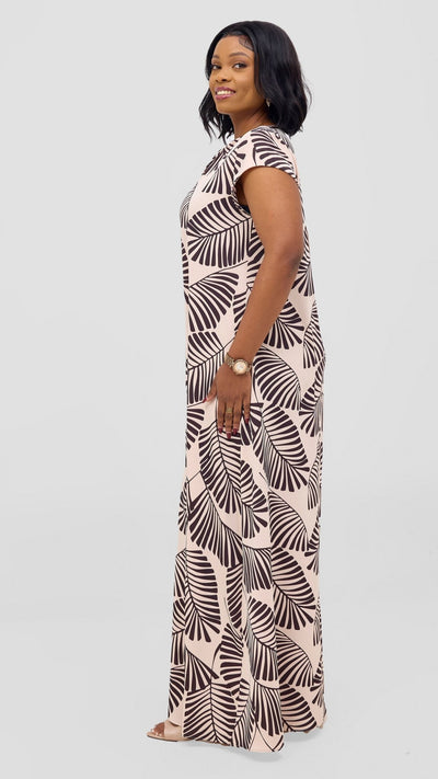 Vivo Zola V Neck Cap Sleeve Maxi Dress - Buttermilk / Chocolate Emin Print - Shopzetu