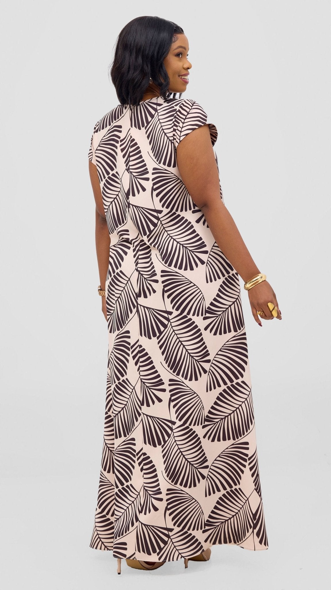 Vivo Zola V Neck Cap Sleeve Maxi Dress - Buttermilk / Chocolate Emin Print - Shopzetu