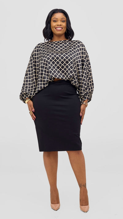 Vivo Sawari Crossed Cuff Batwing Top - Black / Cream Print - Shopzetu