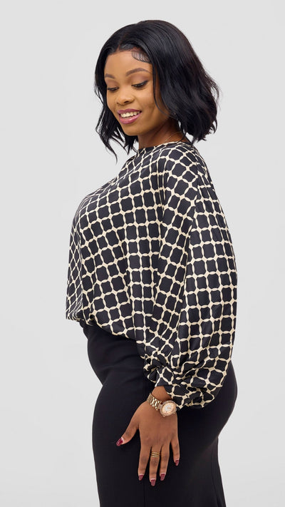 Vivo Sawari Crossed Cuff Batwing Top - Black / Cream Print - Shopzetu