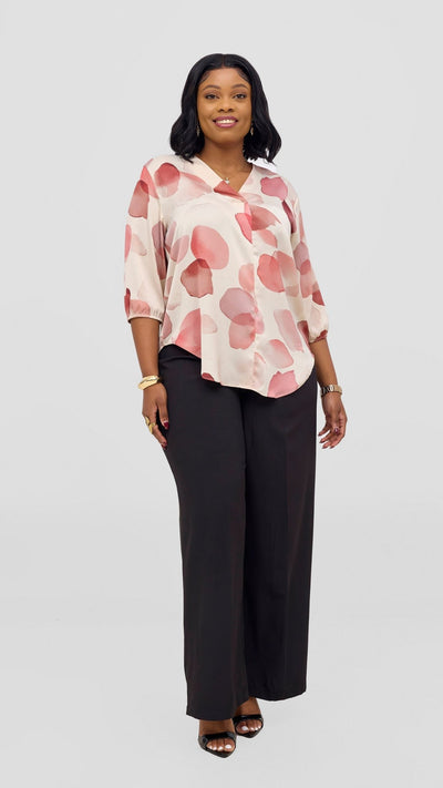 Vivo Dua 3/4 Sleeved V Neck Shirt - Buttermilk / Red Arisi Print - Shopzetu