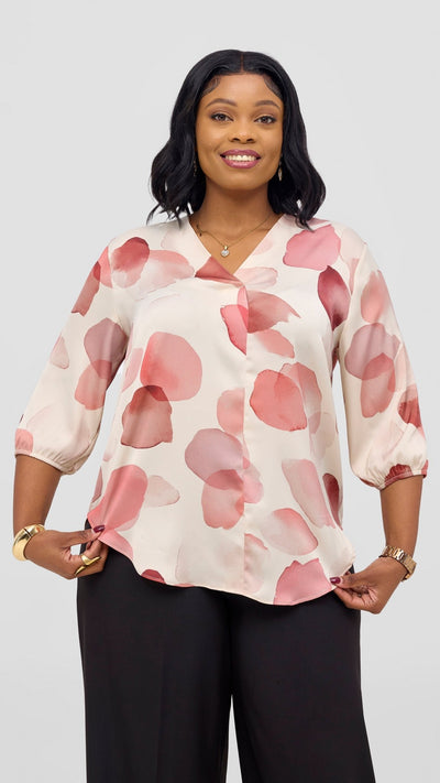 Vivo Dua 3/4 Sleeved V Neck Shirt - Buttermilk / Red Arisi Print - Shopzetu