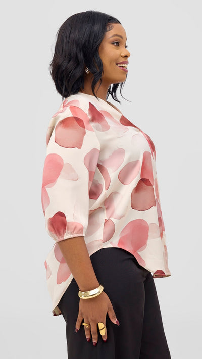 Vivo Dua 3/4 Sleeved V Neck Shirt - Buttermilk / Red Arisi Print - Shopzetu
