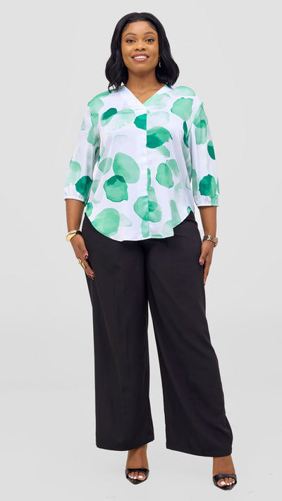Vivo Dua 3/4 Sleeved V Neck Shirt - White / Green Arisi Print - Shopzetu