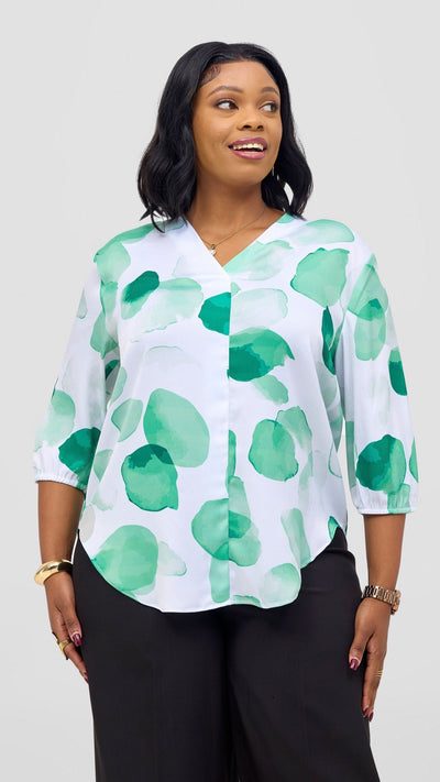 Vivo Dua 3/4 Sleeved V Neck Shirt - White / Green Arisi Print - Shopzetu