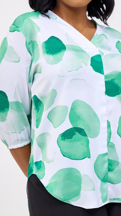 Vivo Dua 3/4 Sleeved V Neck Shirt - White / Green Arisi Print - Shopzetu