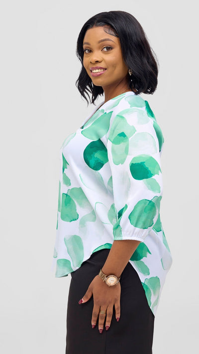 Vivo Dua 3/4 Sleeved V Neck Shirt - White / Green Arisi Print - Shopzetu