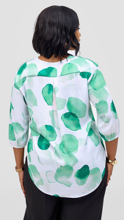 Vivo Dua 3/4 Sleeved V Neck Shirt - White / Green Arisi Print - Shopzetu