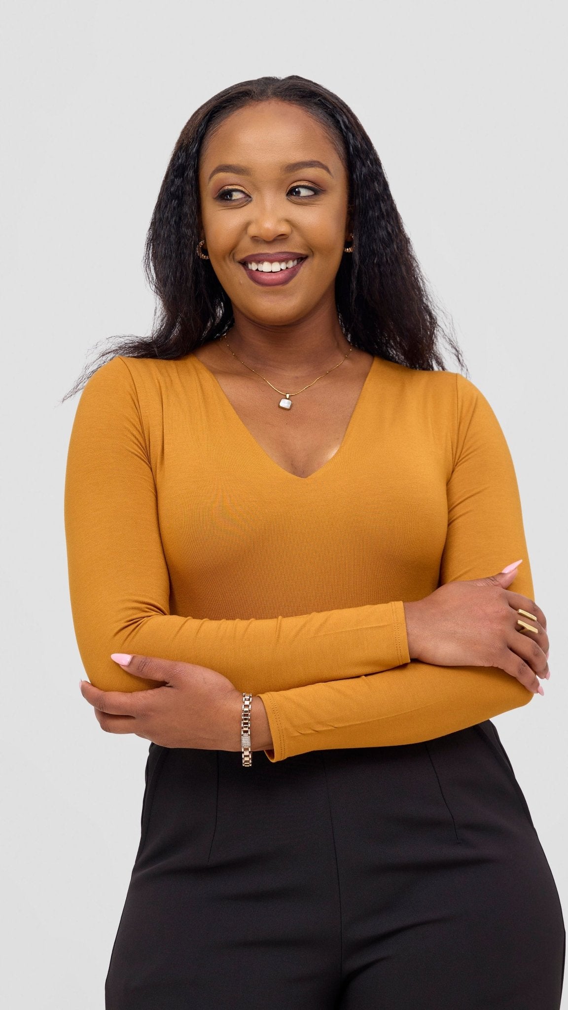 Vivo Everyday Long Sleeved Double Layered Bodysuit - Dark Mustard - Shopzetu