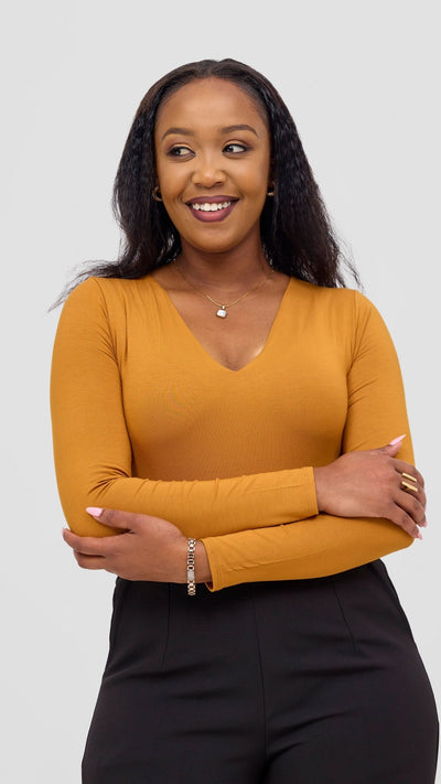 Vivo Everyday Long Sleeved Double Layered Bodysuit - Dark Mustard - Shopzetu