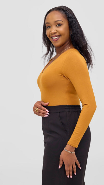Vivo Everyday Long Sleeved Double Layered Bodysuit - Dark Mustard - Shopzetu