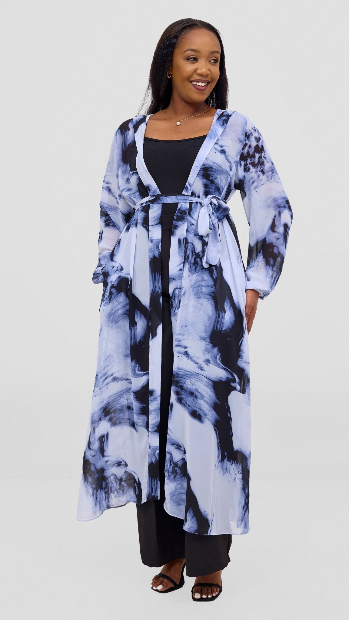 Vivo Basic Hooded Kimono - Black / Blue Print - Shopzetu