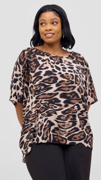 Vivo Maisha Wide High Low Top - Light Taupe / Black Print - Shopzetu