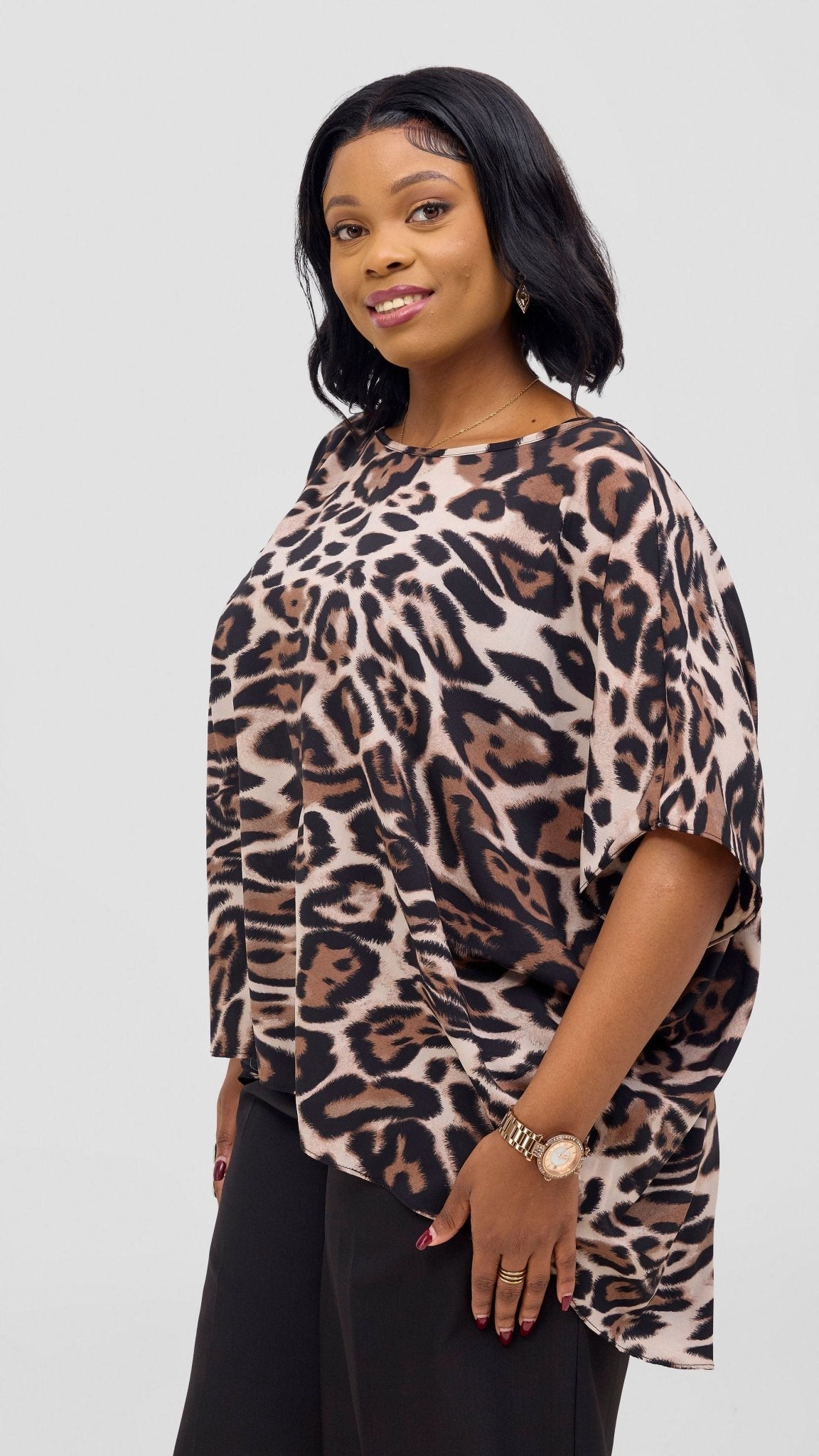 Vivo Maisha Wide High Low Top - Light Taupe / Black Print - Shopzetu