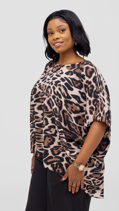 Vivo Maisha Wide High Low Top - Light Taupe / Black Print - Shopzetu