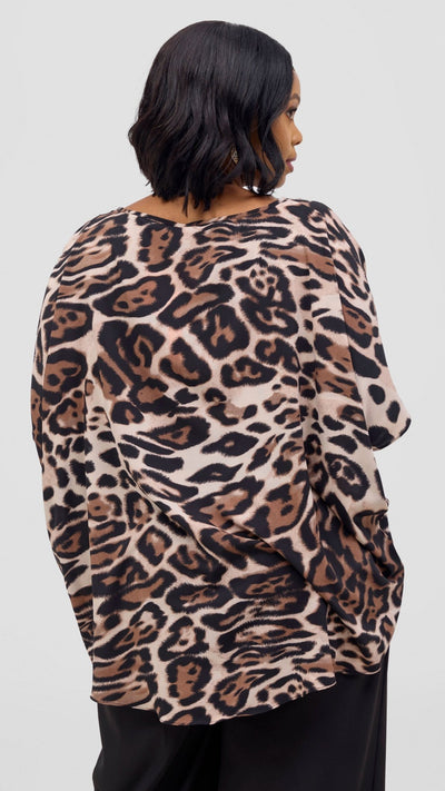 Vivo Maisha Wide High Low Top - Light Taupe / Black Print - Shopzetu
