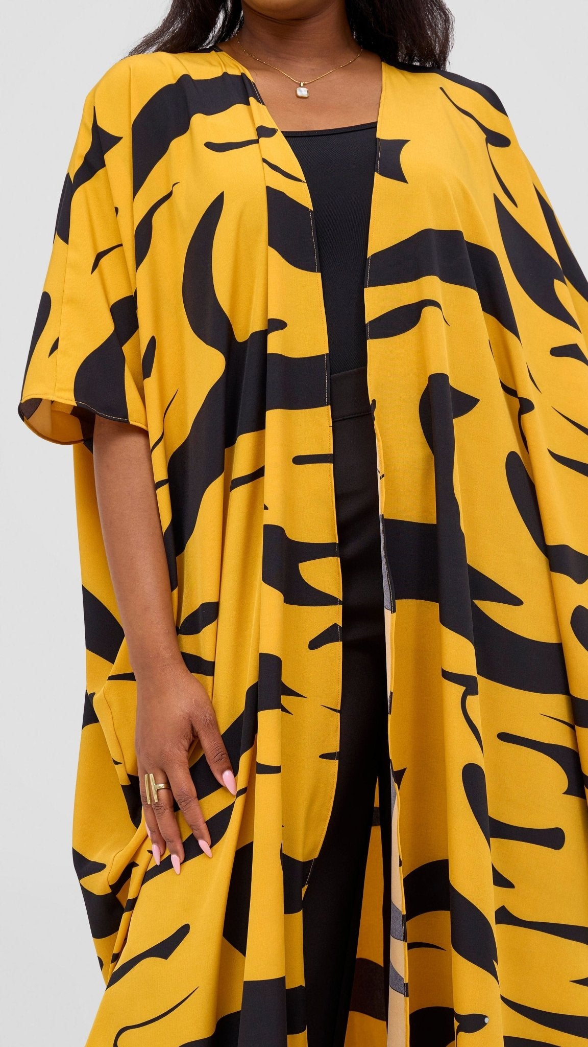 Vivo Basic Open Kaftan - Mustard / Black Print - Shopzetu