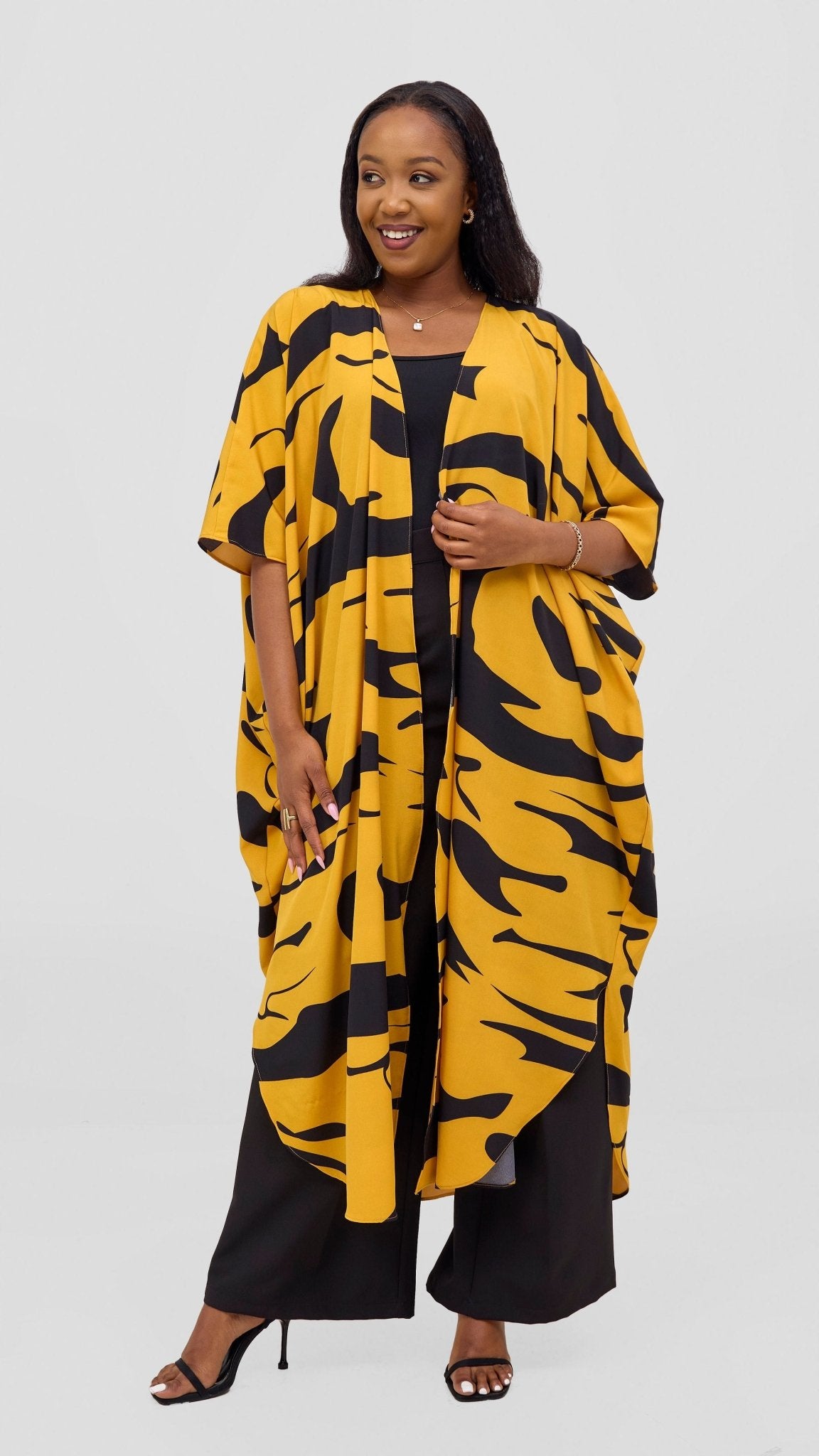 Vivo Basic Open Kaftan - Mustard / Black Print - Shopzetu