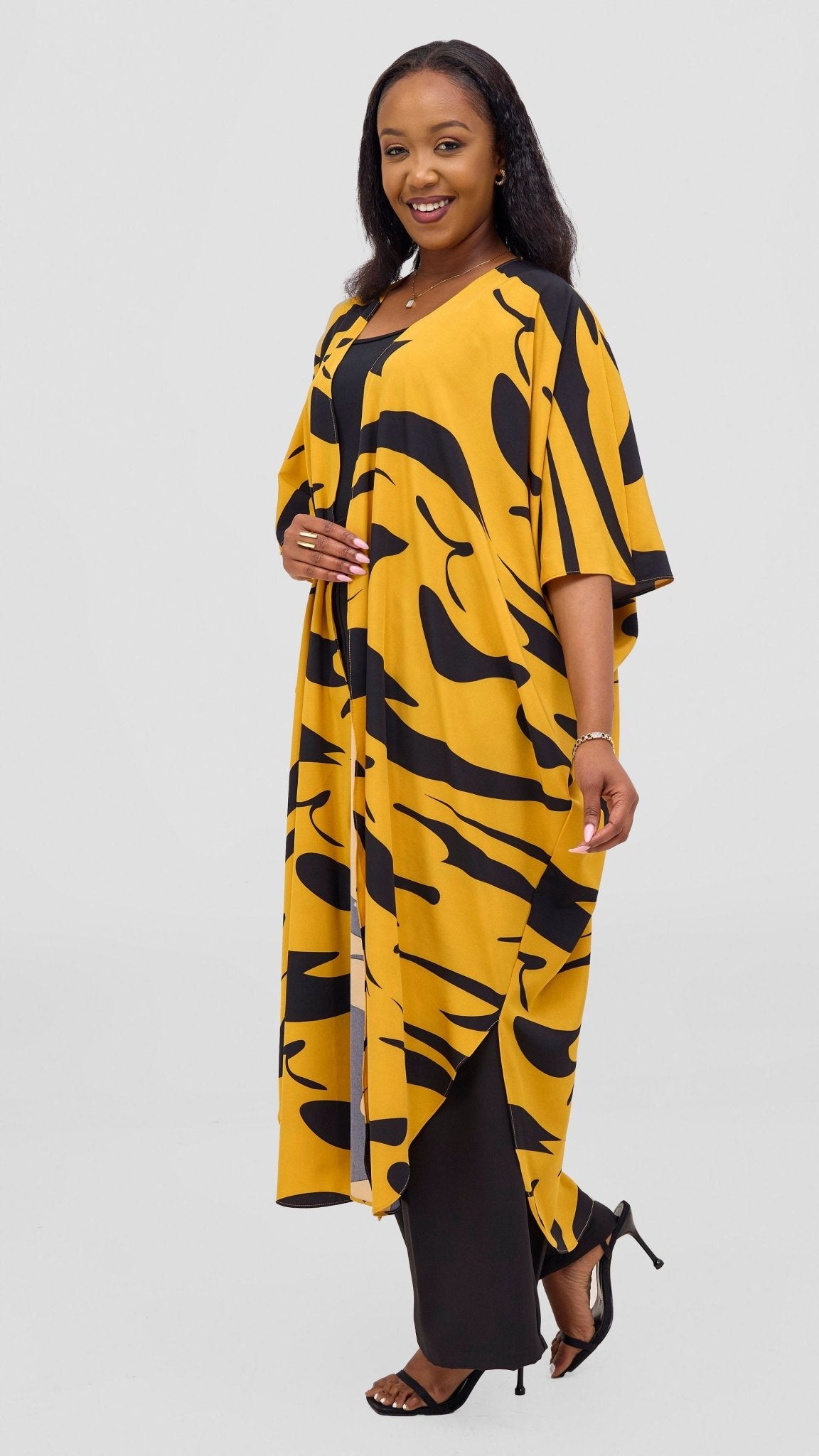 Vivo Basic Open Kaftan - Mustard / Black Print - Shopzetu
