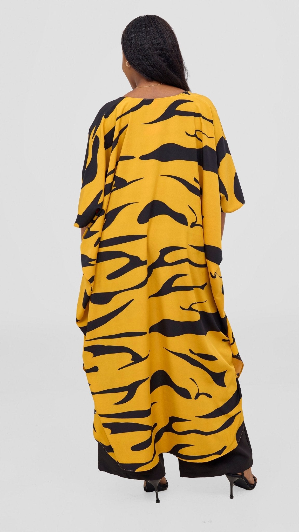 Vivo Basic Open Kaftan - Mustard / Black Print - Shopzetu