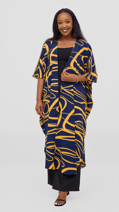 Vivo Basic Open Kaftan - Navy Blue / Mustard Print - Shopzetu