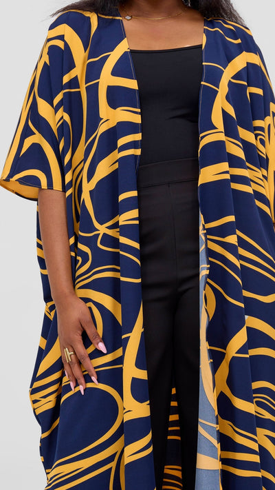 Vivo Basic Open Kaftan - Navy Blue / Mustard Print - Shopzetu