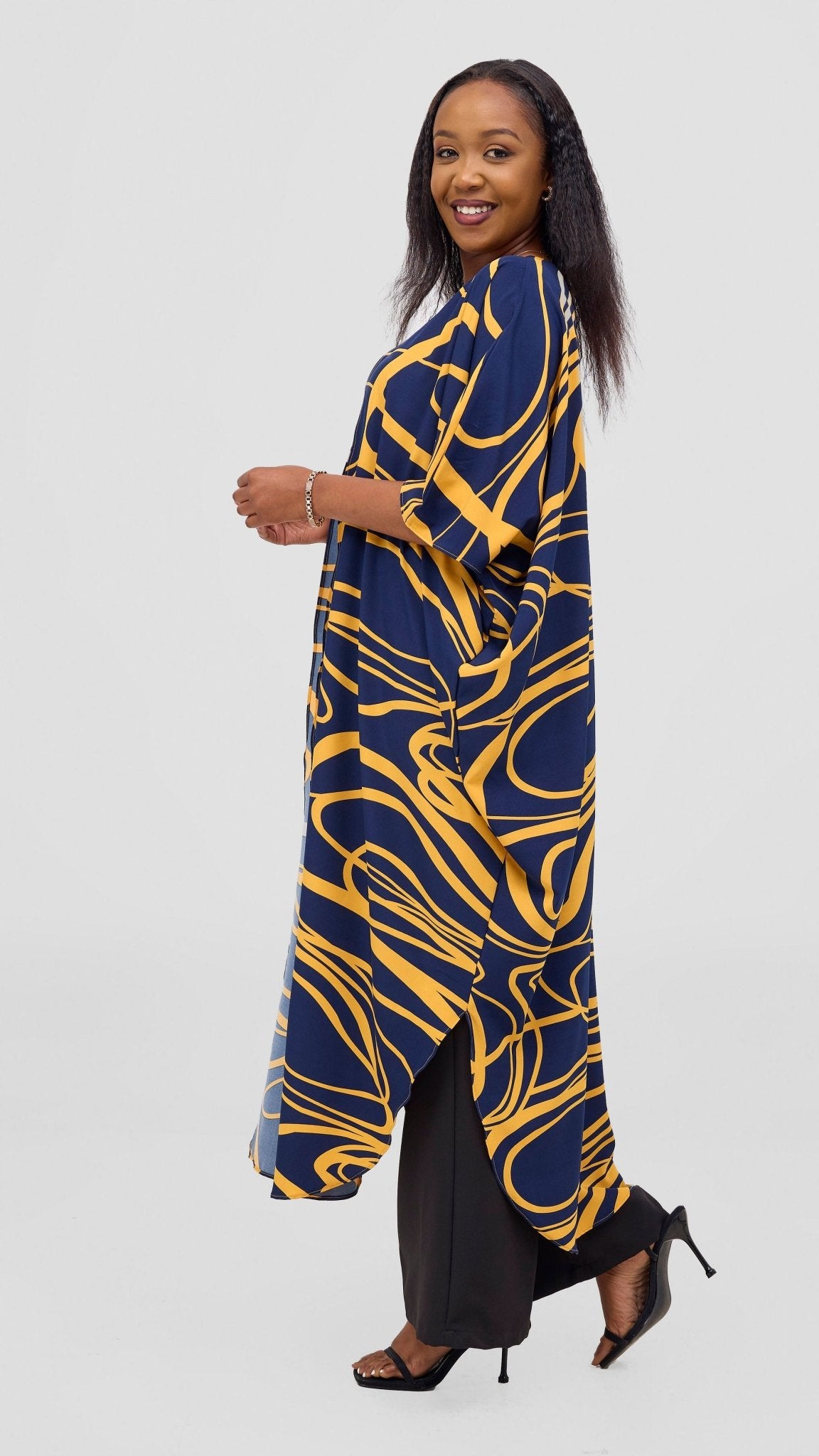 Vivo Basic Open Kaftan - Navy Blue / Mustard Print - Shopzetu