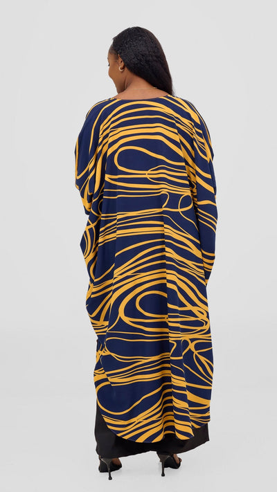 Vivo Basic Open Kaftan - Navy Blue / Mustard Print - Shopzetu