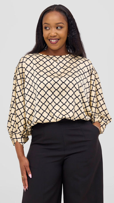 Vivo Sawari Crossed Cuff Batwing Top - Light Cream / Black Print - Shopzetu