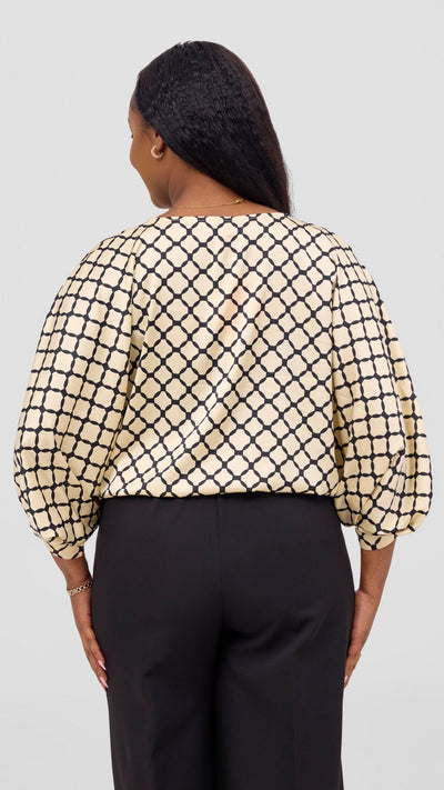Vivo Sawari Crossed Cuff Batwing Top - Light Cream / Black Print - Shopzetu