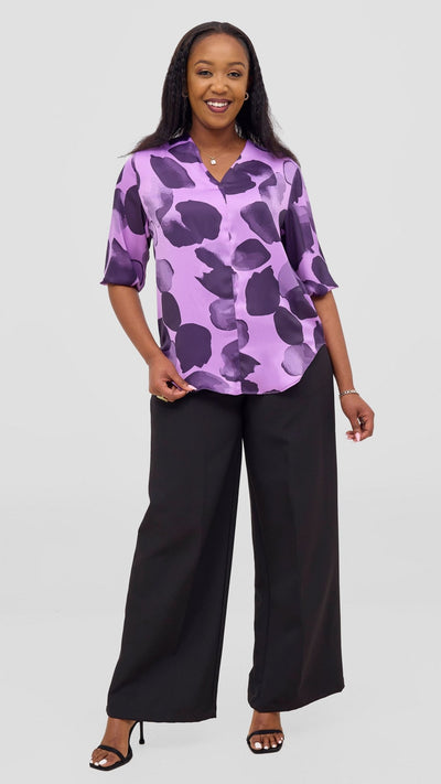 Vivo Dua 3/4 Sleeved V Neck Shirt - Lilac / Eggplant Arisi Print - Shopzetu