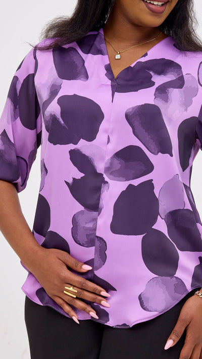 Vivo Dua 3/4 Sleeved V Neck Shirt - Lilac / Eggplant Arisi Print - Shopzetu