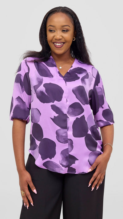 Vivo Dua 3/4 Sleeved V Neck Shirt - Lilac / Eggplant Arisi Print - Shopzetu