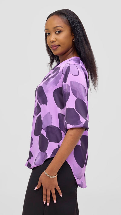 Vivo Dua 3/4 Sleeved V Neck Shirt - Lilac / Eggplant Arisi Print - Shopzetu