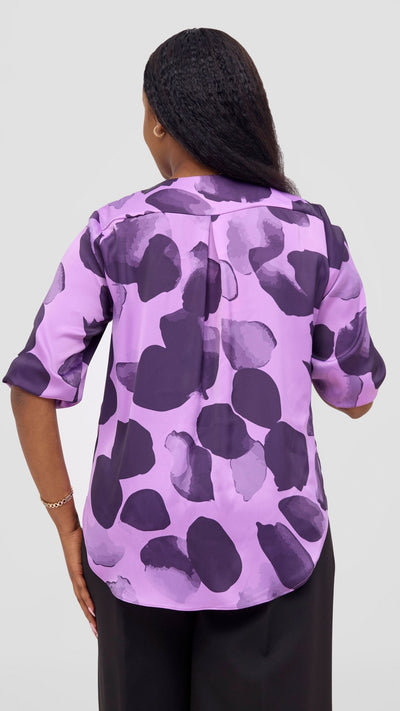 Vivo Dua 3/4 Sleeved V Neck Shirt - Lilac / Eggplant Arisi Print - Shopzetu
