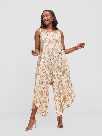Vivo Maisha Strappy Culotte Jumpsuit - Cream / Pink Print - Shopzetu