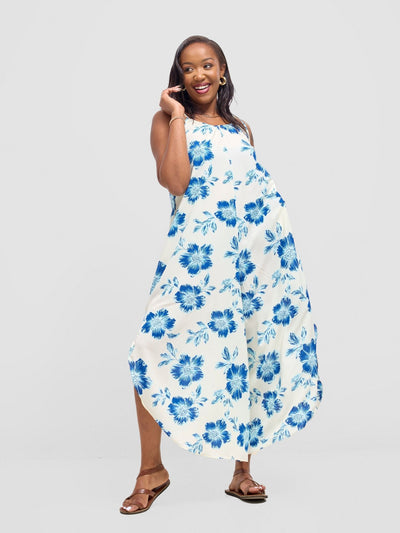 Vivo Maisha Strappy Culotte Jumpsuit - Cream / Blue Print - Shopzetu