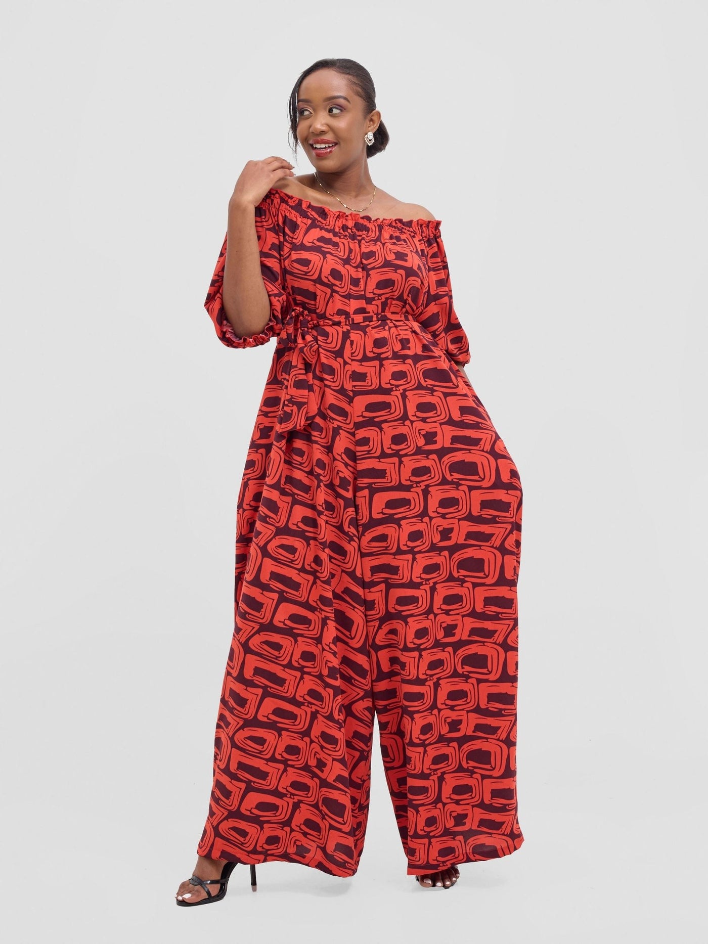 Vivo Ayla Off - Shoulder Jumpsuit - Orange / Burgundy Umbo Print - Shopzetu