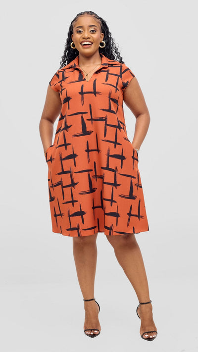 Vivo Mandla Tent Dress - Rust / Black Seka Print - Shopzetu