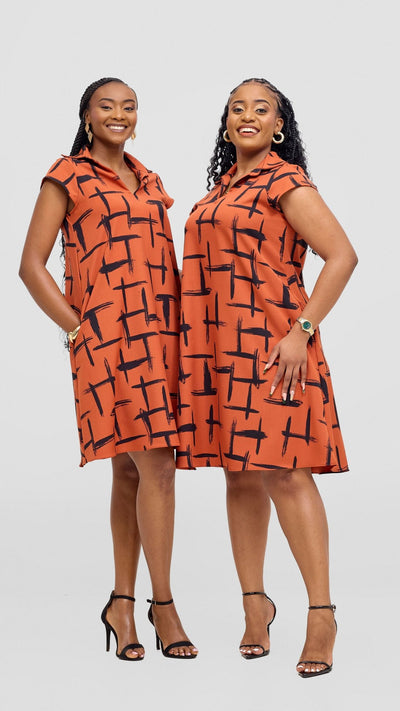 Vivo Mandla Tent Dress - Rust / Black Seka Print - Shopzetu