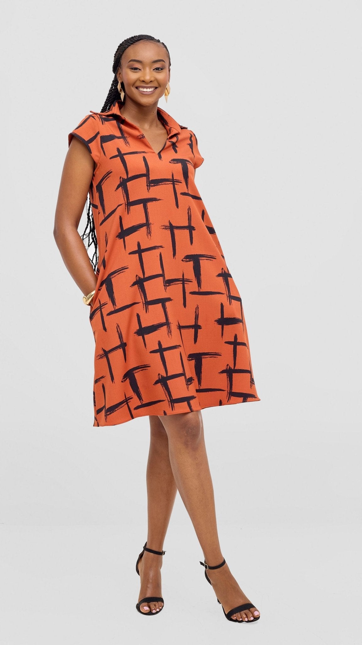 Vivo Mandla Tent Dress - Rust / Black Seka Print - Shopzetu