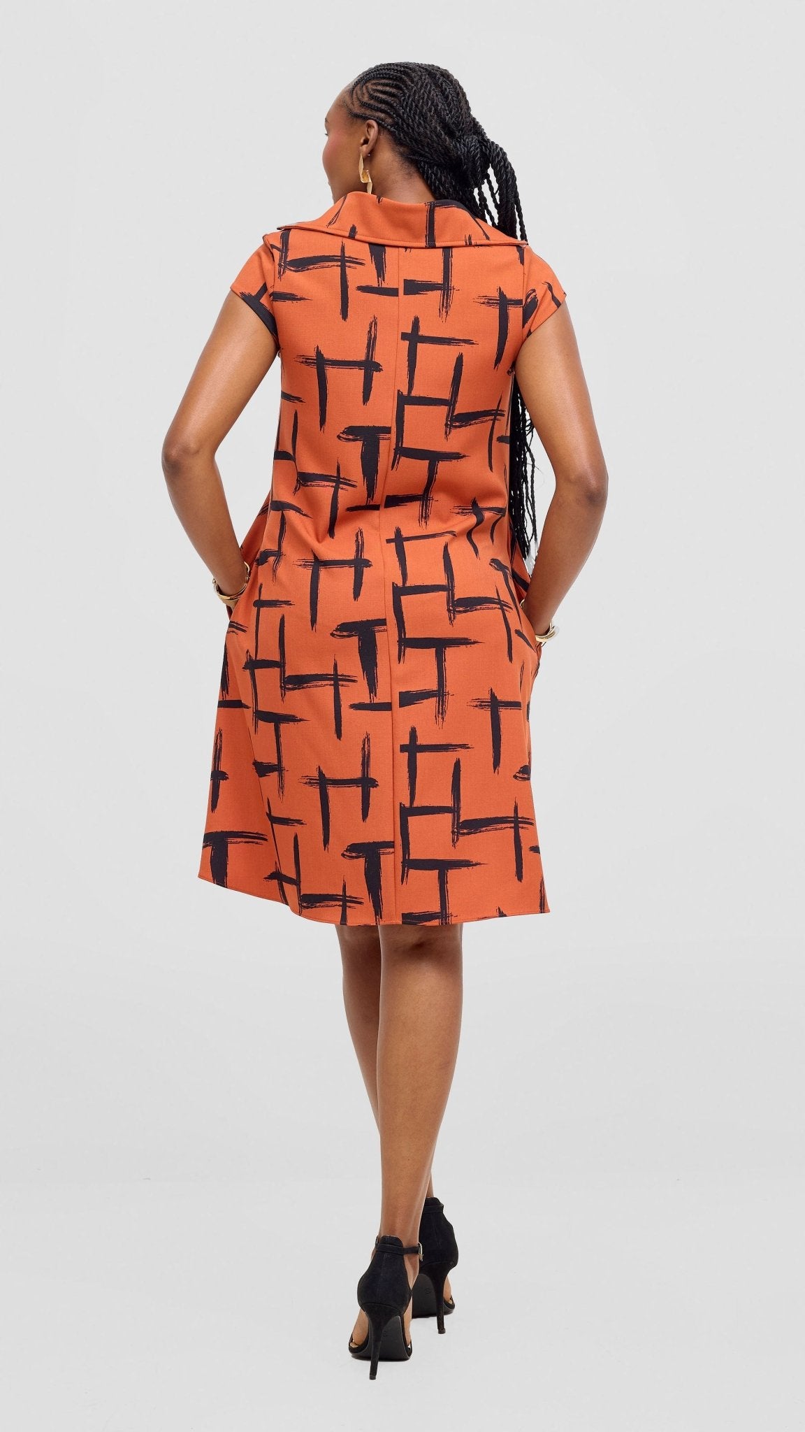 Vivo Mandla Tent Dress - Rust / Black Seka Print - Shopzetu