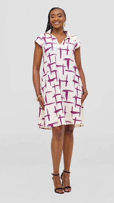 Vivo Mandla Tent Dress - White / Purple Seka Print - Shopzetu