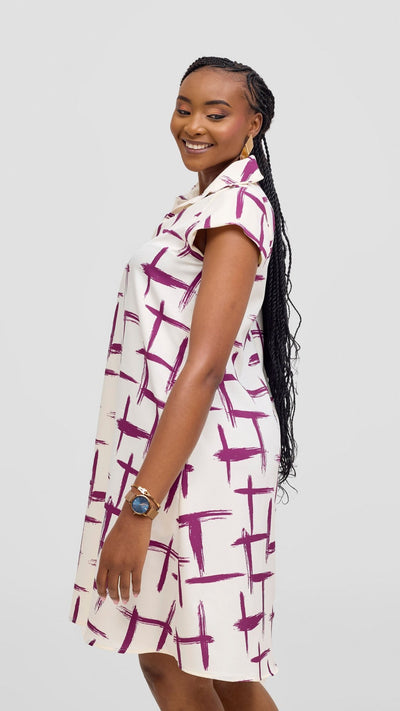 Vivo Mandla Tent Dress - White / Purple Seka Print - Shopzetu