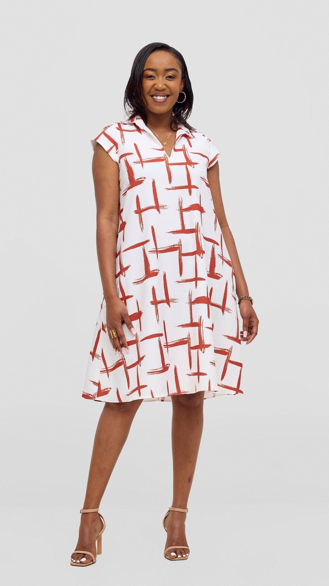 Vivo Mandla Tent Dress - White / Rust Seka Print - Shopzetu