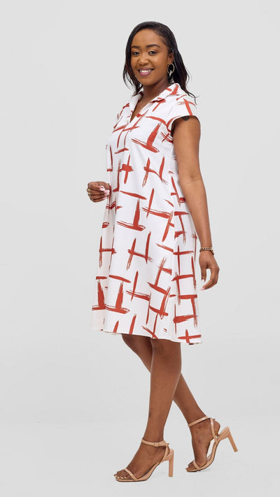 Vivo Mandla Tent Dress - White / Rust Seka Print - Shopzetu